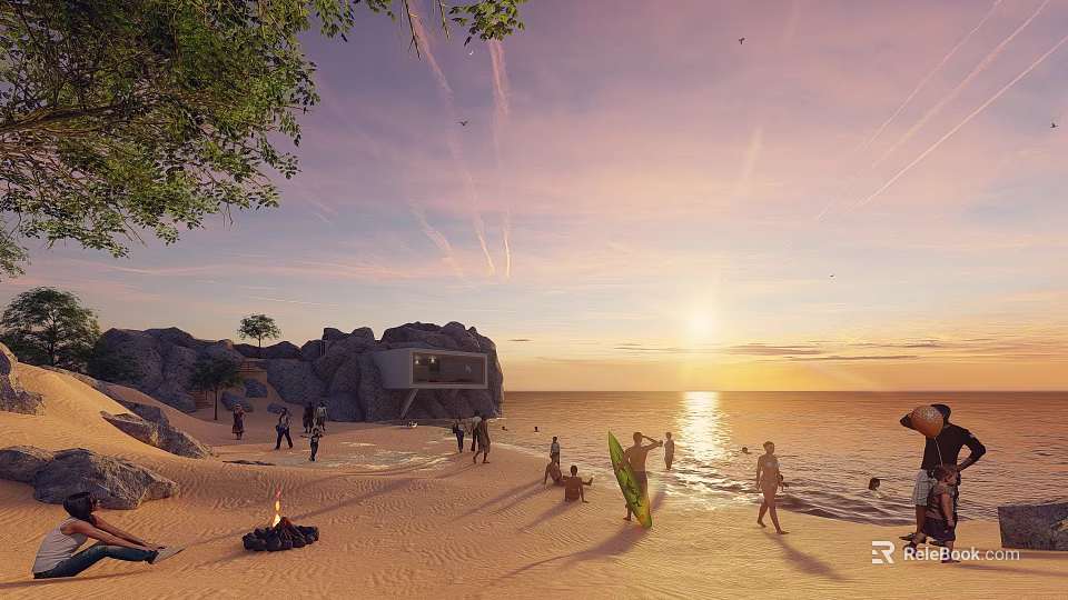 Tropical Garden Landscape With Coastal Sunset Beach Modern Architecture And People Activities 3d model 