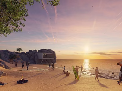 Tropical Garden Landscape With Coastal Sunset Beach Modern Architecture And People Activities 3d model