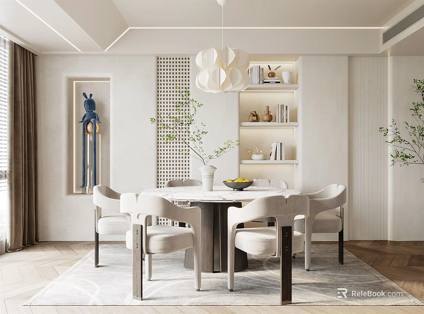 Modern Restaurant Interior With Round Dining Table Upholstered Chairs Pendant Light Decorative Painting And Plants 3d model 