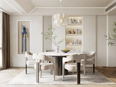 Modern Restaurant Interior With Round Dining Table Upholstered Chairs Pendant Light Decorative Painting And Plants 3d model