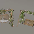 Outdoor Swing Chairs With Heart Shaped Wooden Design And Decorative Vines Pink Flowers