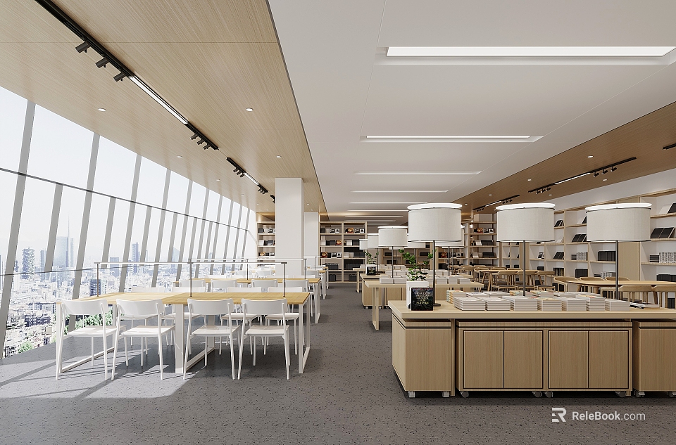 Modern Book Art Space Interior Design With Shelves Tables And Windows 3d model 