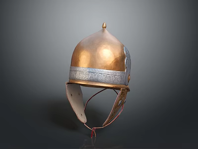 Golden Ancient Metal Helmet Featuring Silver Decorative Band Spiked Top and Leather Straps 3d model