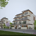 Modern Detached Villa Exterior With Balconies Large Windows Greenery And Driveway