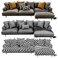 Modern Gray Sectional Sofa With Brown Gray Checkered Pillows And Soft Throw Blanket 3d model