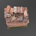 Rustic Red Brick Stacked Structure With Irregular Weathered Bricks And Grass Base