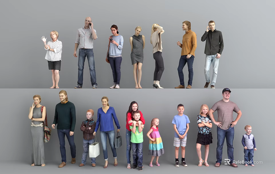 Diverse Group of Multiple People with Casual Clothing and Various Poses 3d model 