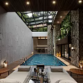 Luxurious Basement With Indoor Swimming Pool Glass Skylight Wooden Ceiling And Green Plant Wall