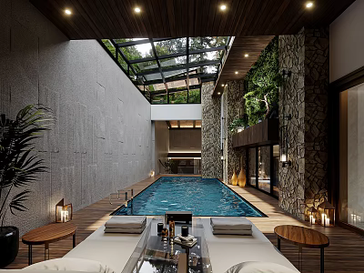 Luxurious Basement With Indoor Swimming Pool Glass Skylight Wooden Ceiling And Green Plant Wall 3d model
