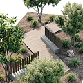 Scenic Garden Pathway With Wooden Walkway Stone Steps And Green Trees