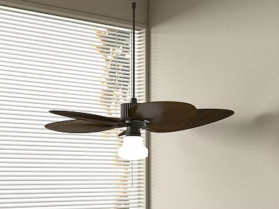 Stylish Ceiling Fan With Wooden Blades And Light Bulb Near Window Blinds 3d model