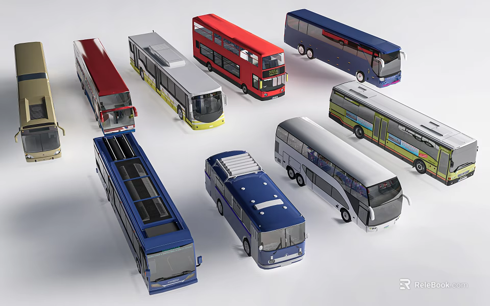 Colorful Various Types of Buses Including Double Decker and Coaches on White Background 3d model 