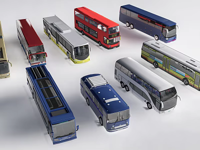 Colorful Various Types of Buses Including Double Decker and Coaches on White Background 3d model