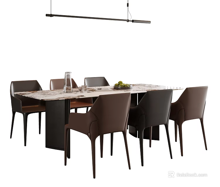 Modern Rectangular Dining Table Set With Marble Top Brown Black Chairs And Pendant Light 3d model