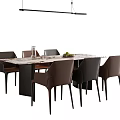 Modern Rectangular Dining Table Set With Marble Top Brown Black Chairs And Pendant Light 3d model