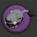 Cute Cartoon Cat Figurine With Big Eyes Gray White Fur Sitting On Purple Round Base