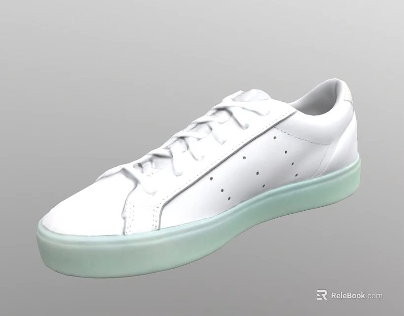 White Casual Sneakers With Light Green Sole And Breathable Perforations 3d model 