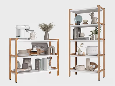 Modern Wooden Frame Shelving Units With White Shelves Decorative Vases Books And Home Decor Items 3d model