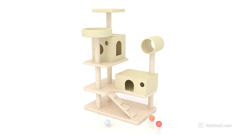 Wooden Cat Tree With Multiple Platforms House Tunnel And Colorful Balls 3d model 