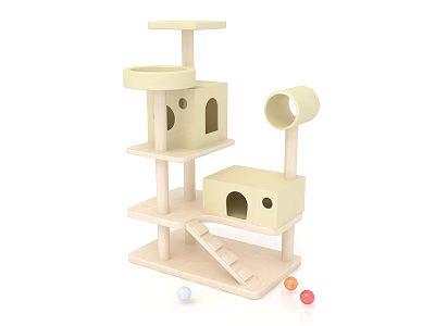 Wooden Cat Tree With Multiple Platforms House Tunnel And Colorful Balls 3d model