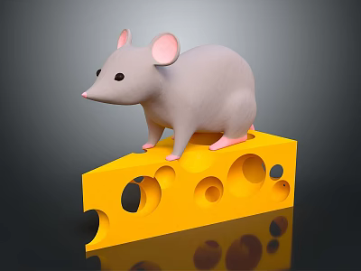 Cute Gray Mouse Standing On Yellow Cheese With Holes In 3D Render 3d model