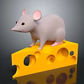 Cute Gray Mouse Standing On Yellow Cheese With Holes In 3D Render