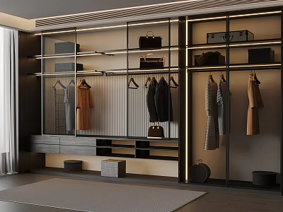 Modern Wardrobe Room Interior With Hanging Clothes Bags And Storage Shelves 3d model