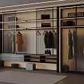 Modern Wardrobe Room Interior With Hanging Clothes Bags And Storage Shelves