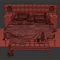 Modern Double Bed With Black Headboard Gray Blanket Striped Pillows Nightstands And Bench