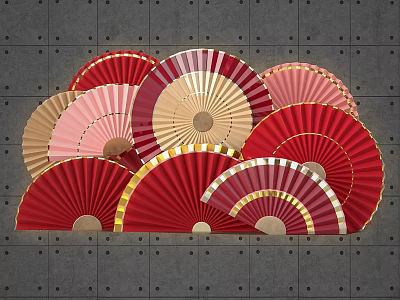 Colorful Fans Photo Check-in Spot With Red Pink Beige And Gold Accents On Gray Wall 3d model