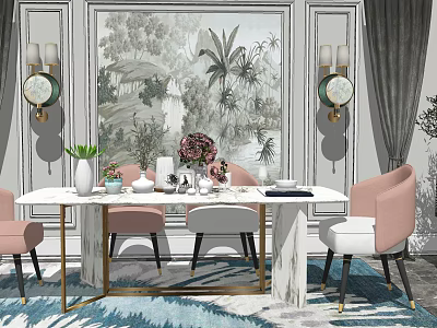 Elegant Modern Dining Table Set With Pink Chairs Marble Top And Wall Art 3d model