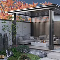 Serene Courtyard Garden With Covered Pergola Sofa Coffee Table Green Plants Stones And Red Trees