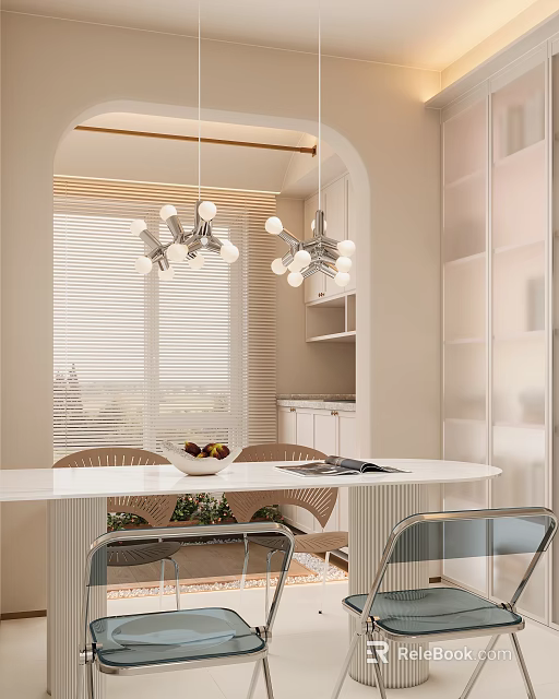 Modern Restaurant Interior With Round White Dining Table Metal Chairs Globe Chandeliers And Window Blinds 3d model 