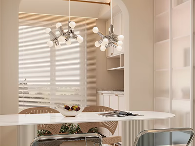 Modern Restaurant Interior With Round White Dining Table Metal Chairs Globe Chandeliers And Window Blinds 3d model