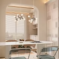 Modern Restaurant Interior With Round White Dining Table Metal Chairs Globe Chandeliers And Window Blinds