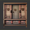 Traditional Chinese Wooden Cabinet With Carved Circular Patterns Drawers And Doors