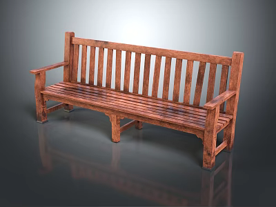 Wooden Outdoor Bench With Slatted Backrest And Armrests For Garden Seating 3d model