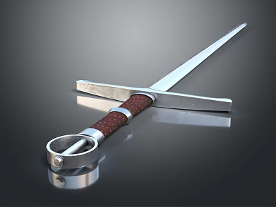 Traditional Weapon Sword With Silver Blade Red Leather Hilt And Metal Crossguard On Shiny Surface 3d model