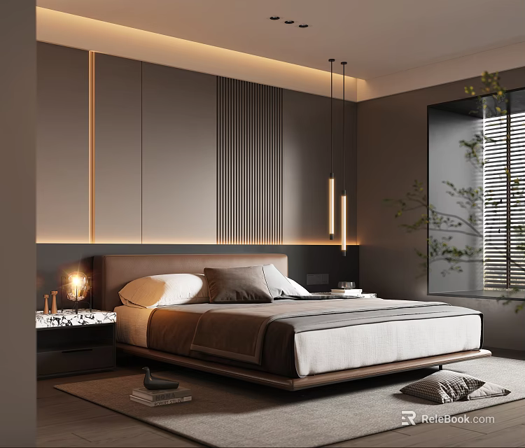 Modern Bedroom Interior Design With Headboard Wall Lighting Strips Nightstand Table Lamp And Window Blinds 3d model 
