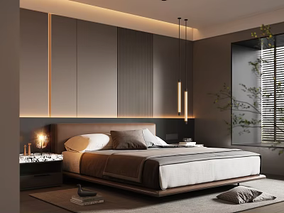 Modern Bedroom Interior Design With Headboard Wall Lighting Strips Nightstand Table Lamp And Window Blinds 3d model
