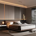 Modern Bedroom Interior Design With Headboard Wall Lighting Strips Nightstand Table Lamp And Window Blinds