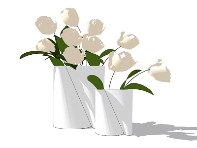 Elegant White Vases With Fresh White Tulips And Green Leaves 3d model