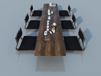 Modern Hinged Door In Dining Space With Wooden Table And Black Chairs 3d model