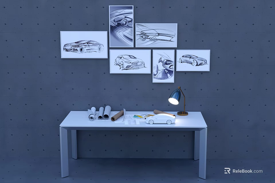 Functional Desk with Table Lamp Stationery and Car Design Drawings on Wall 3d model 