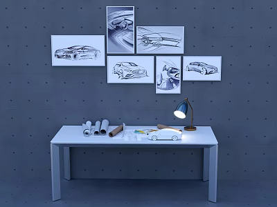 Functional Desk with Table Lamp Stationery and Car Design Drawings on Wall 3d model