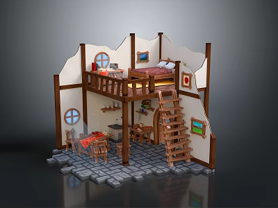 Two Story Cottage Interior Design With Wooden Staircase Bed Table And Stone Floor 3d model
