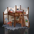 Two Story Cottage Interior Design With Wooden Staircase Bed Table And Stone Floor