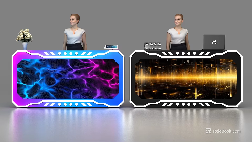 Modern Futuristic Reception Desk With Illuminated Blue Purple And Gold Display Panels 3d model 