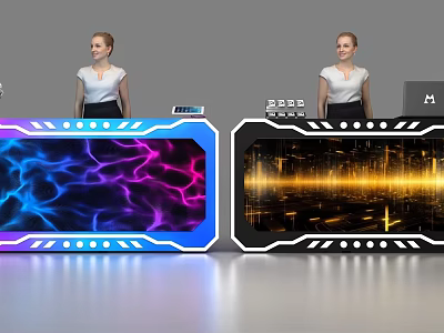 Modern Futuristic Reception Desk With Illuminated Blue Purple And Gold Display Panels 3d model