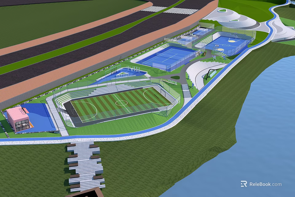 Waterfront Landscape Design Featuring Football Field Tennis Courts Green Spaces And Waterfront Promenade 3d model 